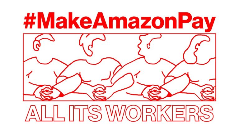 #MakeAmazonPay in red text on white background and red text saying 'all its workers' DATA